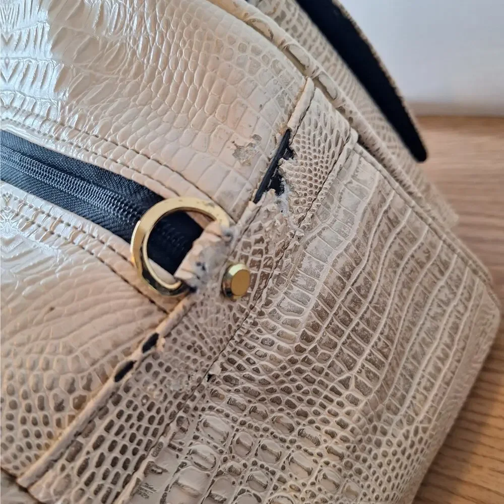 VTG Cream Croc Embossed Pet Carrier Tote Bag Small Dog Cat Mesh Windows Pockets